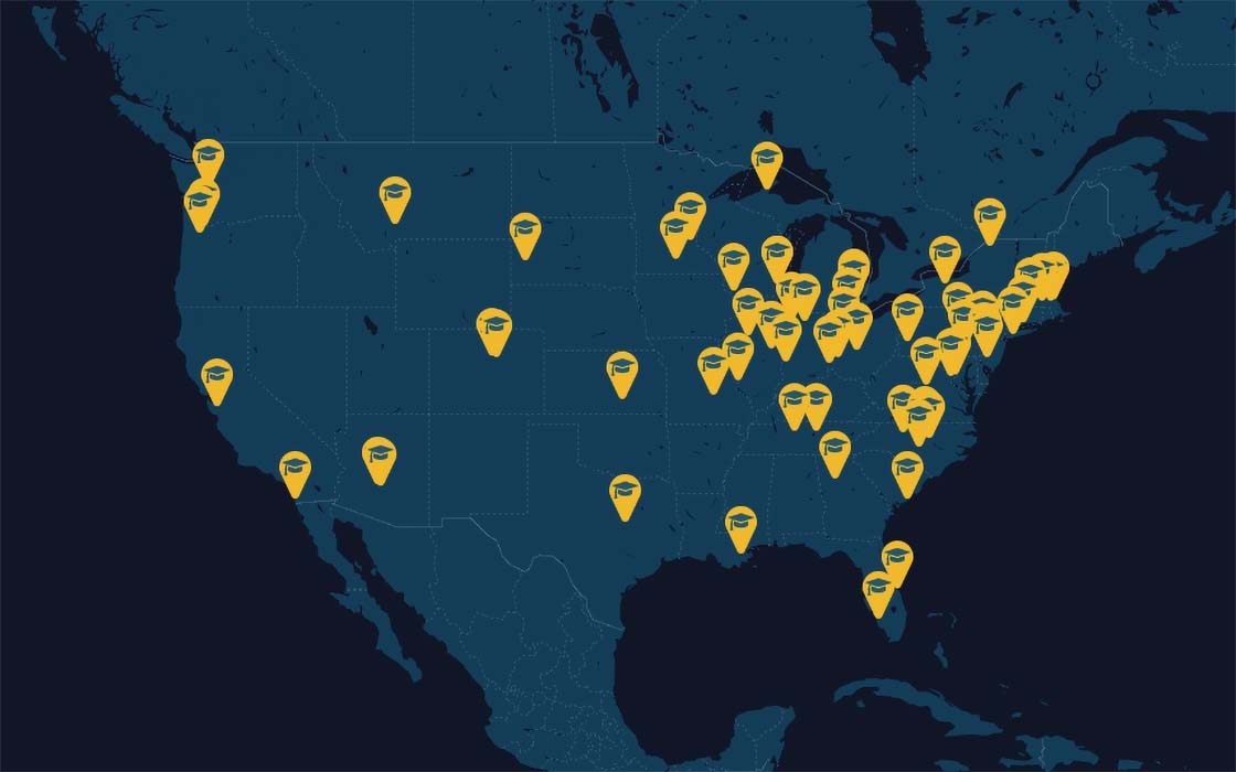 Map of continental United States showing locations of institutions in the Kern Entrepreneurial Engineering Network