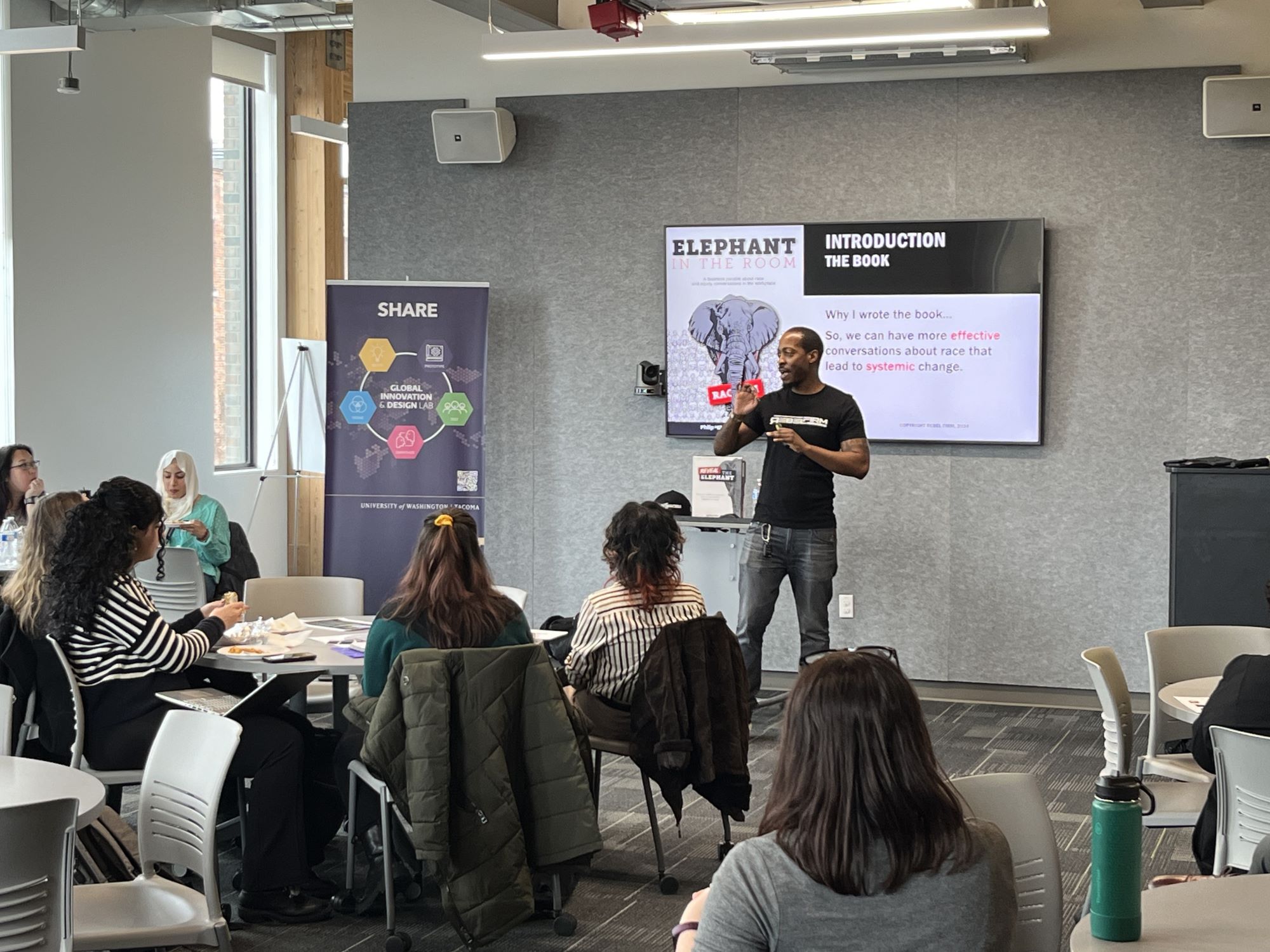 Philip "Sharp Skills" Jacobs provides students an engaging way to tackle racism in the workplace through his "Reveal the Elephant!" board game.