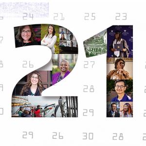 Big number 21 with inset story photos superimposed atop calendar numbers