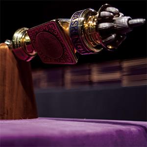 UW Mace on table with purple velvet cloth