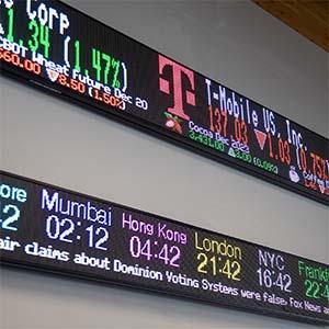 Stock market ticker and world clock in UW Tacoma Financial Markets Lab